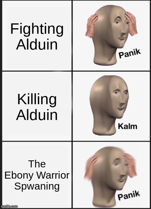 Panik Kalm Panik | Fighting Alduin; Killing Alduin; The Ebony Warrior Spwaning | image tagged in memes,panik kalm panik | made w/ Imgflip meme maker