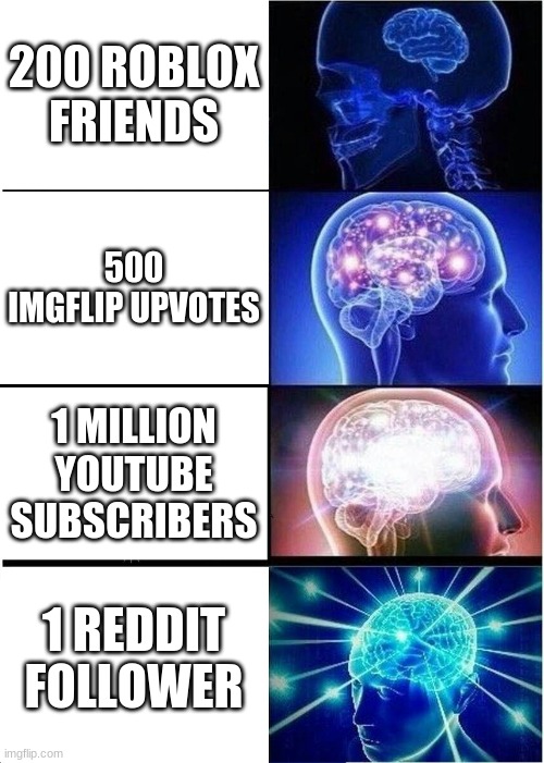 Expanding Brain | 200 ROBLOX FRIENDS; 500 IMGFLIP UPVOTES; 1 MILLION YOUTUBE SUBSCRIBERS; 1 REDDIT FOLLOWER | image tagged in memes,expanding brain | made w/ Imgflip meme maker