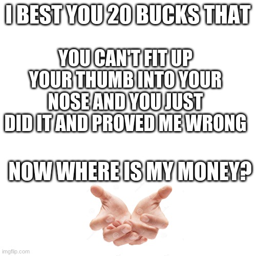 Blank Transparent Square | I BEST YOU 20 BUCKS THAT; YOU CAN'T FIT UP YOUR THUMB INTO YOUR NOSE AND YOU JUST DID IT AND PROVED ME WRONG; NOW WHERE IS MY MONEY? | image tagged in memes,blank transparent square | made w/ Imgflip meme maker