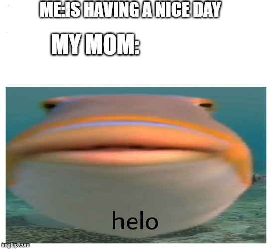 helo fish | ME:IS HAVING A NICE DAY; MY MOM: | image tagged in helo fish | made w/ Imgflip meme maker