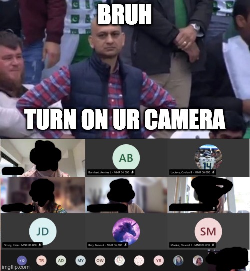 i am pissed at my class that never turns their camera on | BRUH; TURN ON UR CAMERA | image tagged in disapointed guy | made w/ Imgflip meme maker