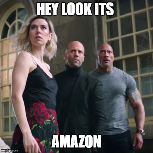 Hey Look Amazon | HEY LOOK ITS; AMAZON | image tagged in hobbs and shaw | made w/ Imgflip meme maker