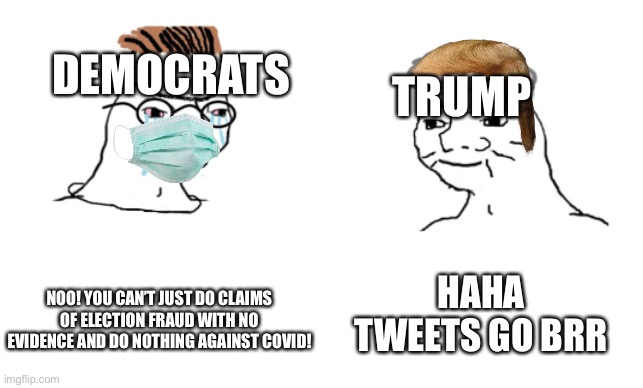 haha brrrrrrr | TRUMP; DEMOCRATS; HAHA TWEETS GO BRR; NOO! YOU CAN’T JUST DO CLAIMS OF ELECTION FRAUD WITH NO EVIDENCE AND DO NOTHING AGAINST COVID! | image tagged in haha brrrrrrr | made w/ Imgflip meme maker