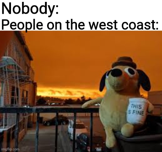 I'm okay with the events that are unfolding currently |  Nobody:; People on the west coast: | image tagged in this is fine,wildfires | made w/ Imgflip meme maker