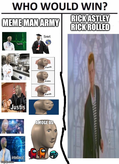 Meme Man Army V.S. Rick Astley Ricked Rolled (I forgot to add Stonks and Tonks srry) | MEME MAN ARMY; RICK ASTLEY RICK ROLLED | image tagged in memes,who would win,blank white template,rickroll,mememan | made w/ Imgflip meme maker