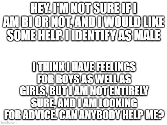 I need help... | HEY. I'M NOT SURE IF I AM BI OR NOT, AND I WOULD LIKE SOME HELP. I IDENTIFY AS MALE; I THINK I HAVE FEELINGS FOR BOYS AS WELL AS GIRLS, BUT I AM NOT ENTIRELY SURE, AND I AM LOOKING FOR ADVICE. CAN ANYBODY HELP ME? | image tagged in blank white template | made w/ Imgflip meme maker