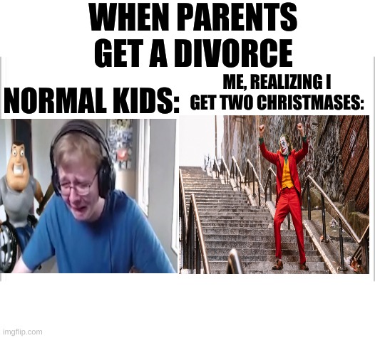 true | WHEN PARENTS GET A DIVORCE; ME, REALIZING I GET TWO CHRISTMASES:; NORMAL KIDS: | image tagged in white background | made w/ Imgflip meme maker