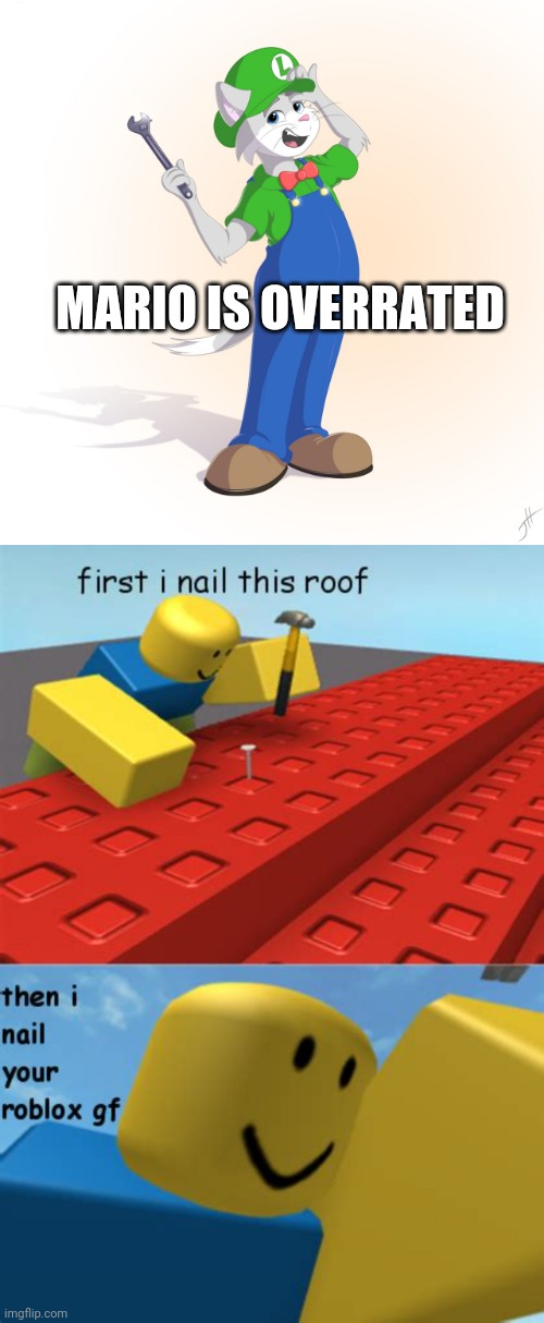 MARIO'S NOT OVERRATED YA BIG MONKEY | MARIO IS OVERRATED | image tagged in first i nail this roof,mario,furries,furry | made w/ Imgflip meme maker