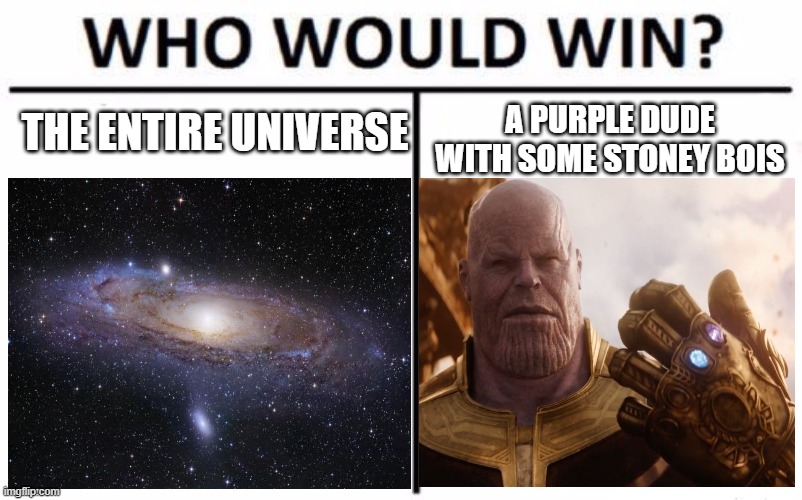 THE ENTIRE UNIVERSE; A PURPLE DUDE WITH SOME STONEY BOIS | image tagged in i'm 15 so don't try it,who reads these | made w/ Imgflip meme maker