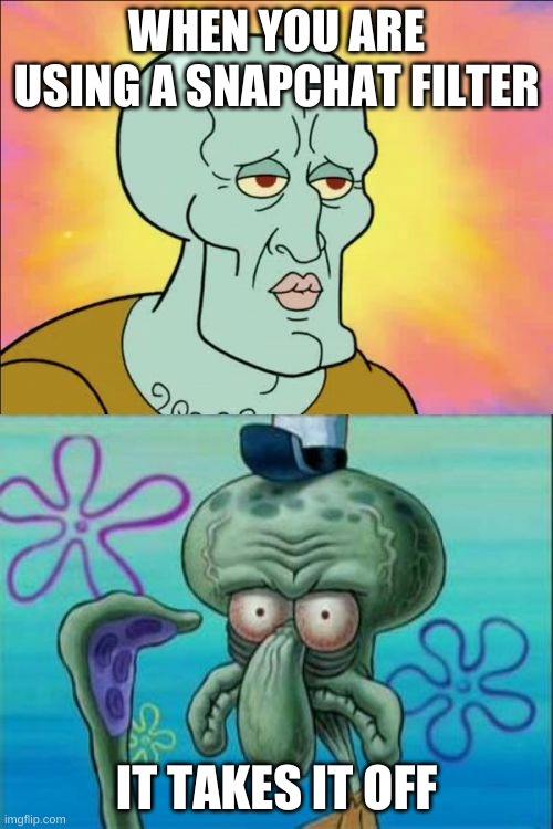 Squidward | WHEN YOU ARE USING A SNAPCHAT FILTER; IT TAKES IT OFF | image tagged in memes,squidward | made w/ Imgflip meme maker