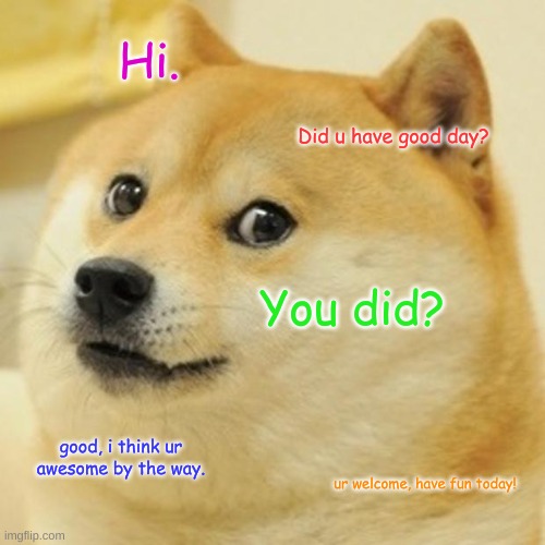 The Kind Doge Makes You Smile. | Hi. Did u have good day? You did? good, i think ur awesome by the way. ur welcome, have fun today! | image tagged in memes,doge | made w/ Imgflip meme maker