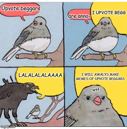 WARNING: you will laugh for the rest of the day if you view this meme | I UPVOTE BEGG; Upvote beggars; are anno-; I WILL AWALYS MAKE MEMES OF UPVOTE BEGGARS; LALALALALAAAA; wtf | image tagged in annoyed bird | made w/ Imgflip meme maker