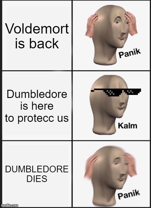 Damn | Voldemort is back; Dumbledore is here to protecc us; DUMBLEDORE DIES | image tagged in memes,panik kalm panik,harry potter | made w/ Imgflip meme maker