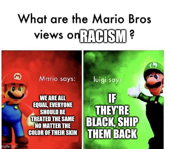 strong arguments from both sides | RACISM; WE ARE ALL EQUAL, EVERYONE SHOULD BE TREATED THE SAME NO MATTER THE COLOR OF THEIR SKIN; IF THEY'RE BLACK, SHIP THEM BACK | image tagged in mario bros views | made w/ Imgflip meme maker