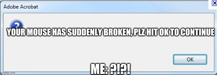 Error Message | YOUR MOUSE HAS SUDDENLY BROKEN, PLZ HIT OK TO CONTINUE; ME: ?!?! | image tagged in error message | made w/ Imgflip meme maker