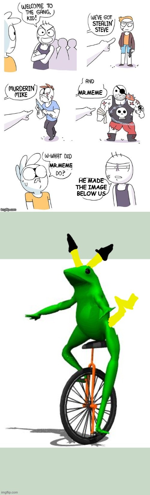 MR.MEME; MR.MEME; HE MADE THE IMAGE BELOW US | image tagged in crimes johnson,here comes dat pikachu | made w/ Imgflip meme maker
