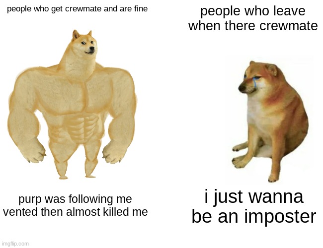 Buff Doge vs. Cheems Meme | people who get crewmate and are fine; people who leave when there crewmate; purp was following me vented then almost killed me; i just wanna be an imposter | image tagged in memes,buff doge vs cheems | made w/ Imgflip meme maker