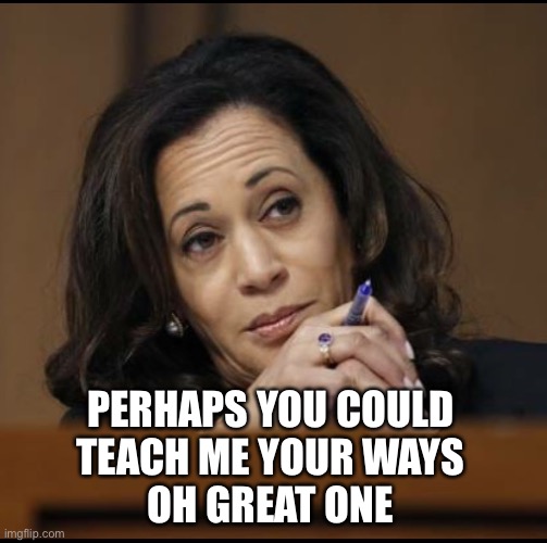 Kamala Harris  | PERHAPS YOU COULD 
TEACH ME YOUR WAYS 
OH GREAT ONE | image tagged in kamala harris | made w/ Imgflip meme maker