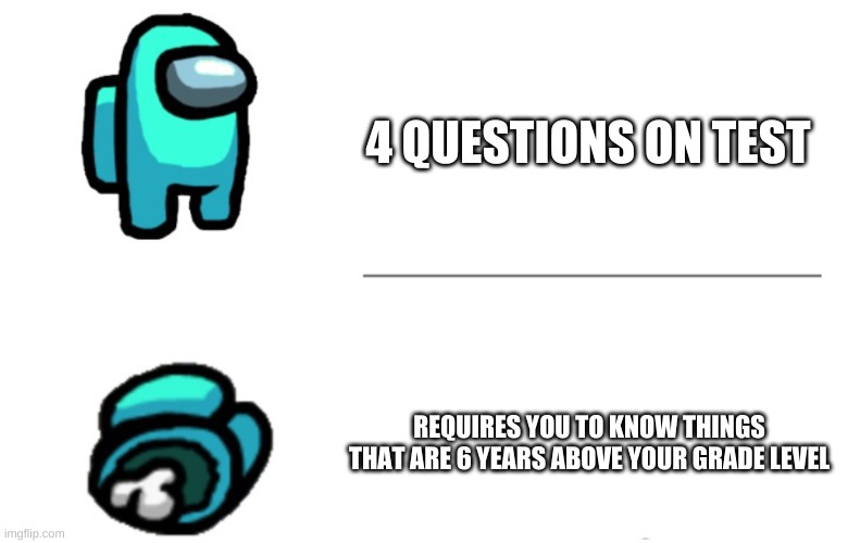 4 QUESTIONS ON TEST; REQUIRES YOU TO KNOW THINGS THAT ARE 6 YEARS ABOVE YOUR GRADE LEVEL | image tagged in among us | made w/ Imgflip meme maker