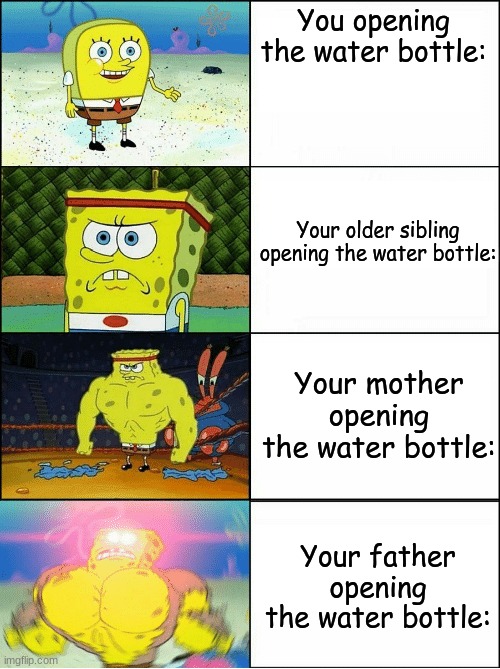 Family Members *Meme Edition* | You opening the water bottle:; Your older sibling opening the water bottle:; Your mother opening the water bottle:; Your father opening the water bottle: | image tagged in sponge finna commit muder,hahaha,confession bear | made w/ Imgflip meme maker