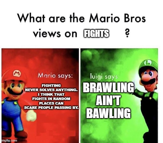 Mario Bros Views | FIGHTS; FIGHTING NEVER SOLVES ANYTHING. I THINK THAT FIGHTS IN RANDOM PLACES CAN SCARE PEOPLE PASSING BY. BRAWLING AIN'T BAWLING | image tagged in mario bros views | made w/ Imgflip meme maker