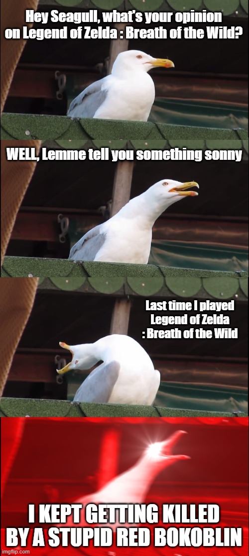 Legend of Zelda : Breath of the Wild | Hey Seagull, what's your opinion on Legend of Zelda : Breath of the Wild? WELL, Lemme tell you something sonny; Last time I played Legend of Zelda : Breath of the Wild; I KEPT GETTING KILLED BY A STUPID RED BOKOBLIN | image tagged in memes,inhaling seagull | made w/ Imgflip meme maker