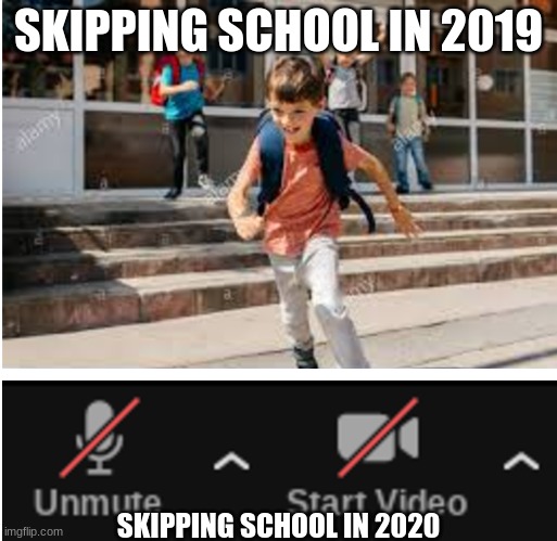 SKIPPING SCHOOL IN 2019; SKIPPING SCHOOL IN 2020 | image tagged in 2020 | made w/ Imgflip meme maker