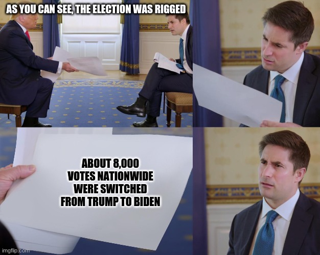 It's not enough!!!! Give it up already!!! He said the same thing about the eRECTION too! ?? | AS YOU CAN SEE, THE ELECTION WAS RIGGED; ABOUT 8,000 VOTES NATIONWIDE WERE SWITCHED FROM TRUMP TO BIDEN | image tagged in trump interview,memes,um but the ewection was wigged,donald trump,concede please,give biden a chance | made w/ Imgflip meme maker