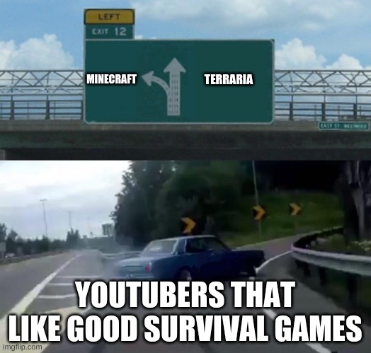 Car Drift Meme | TERRARIA; MINECRAFT; YOUTUBERS THAT LIKE GOOD SURVIVAL GAMES | image tagged in car drift meme,gaming | made w/ Imgflip meme maker