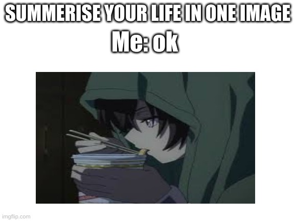 mt life in one image | SUMMERISE YOUR LIFE IN ONE IMAGE; Me: ok | image tagged in anme,life | made w/ Imgflip meme maker