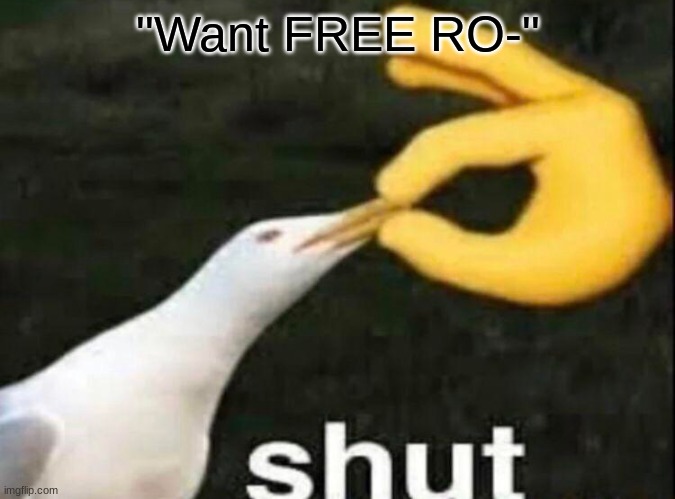 Scammers be like | "Want FREE RO-" | image tagged in shut,memes,scammers,funny | made w/ Imgflip meme maker