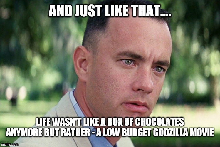 And Just Like That Meme | AND JUST LIKE THAT.... LIFE WASN'T LIKE A BOX OF CHOCOLATES ANYMORE BUT RATHER - A LOW BUDGET GODZILLA MOVIE | image tagged in memes,and just like that | made w/ Imgflip meme maker
