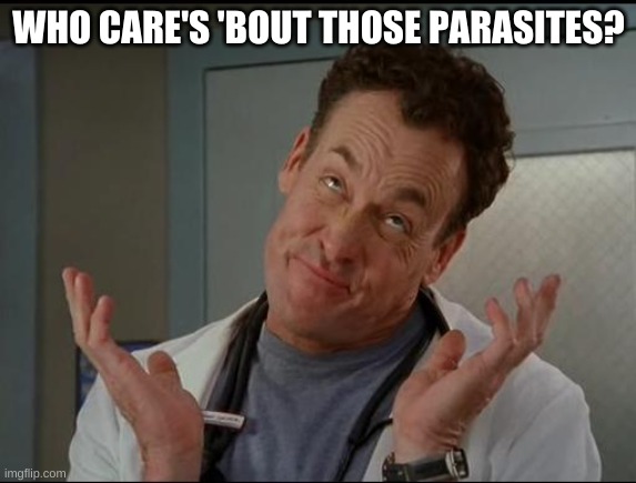 I don't care - Dr. Cox | WHO CARE'S 'BOUT THOSE PARASITES? | image tagged in i don't care - dr cox | made w/ Imgflip meme maker