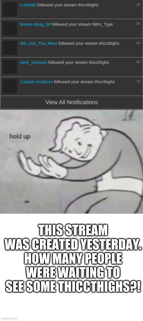 THIS STREAM WAS CREATED YESTERDAY. HOW MANY PEOPLE WERE WAITING TO SEE SOME THICCTHIGHS?! | image tagged in fallout hold up,blank white template,waiwaiwaiwai,thiccthighs | made w/ Imgflip meme maker
