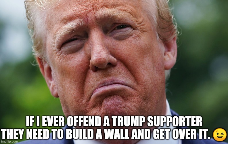 Offended? | IF I EVER OFFEND A TRUMP SUPPORTER THEY NEED TO BUILD A WALL AND GET OVER IT. 😉 | image tagged in trump supporters,offended,get over it,memes,funny | made w/ Imgflip meme maker