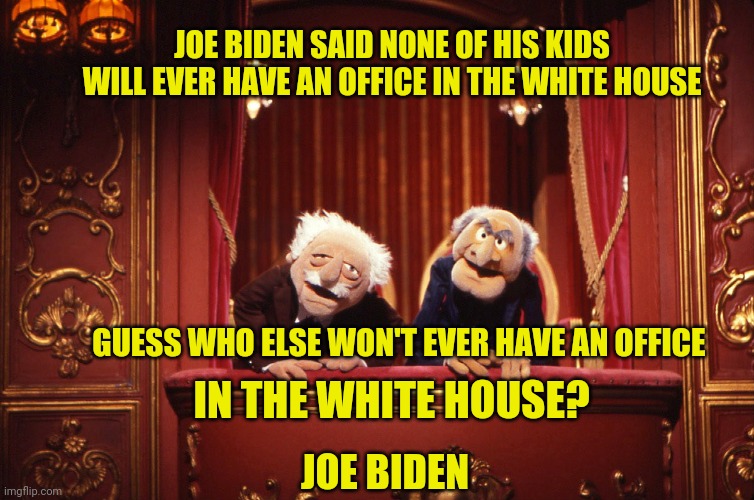 TMS-Statler&Waldorf-BalconyBox | JOE BIDEN SAID NONE OF HIS KIDS WILL EVER HAVE AN OFFICE IN THE WHITE HOUSE; GUESS WHO ELSE WON'T EVER HAVE AN OFFICE; IN THE WHITE HOUSE? JOE BIDEN | image tagged in tms-statler waldorf-balconybox | made w/ Imgflip meme maker