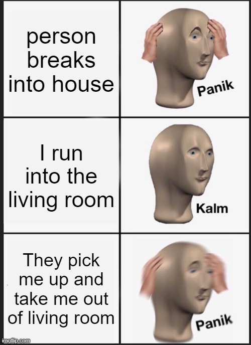 guy man | person breaks into house; I run into the living room; They pick me up and take me out of living room | image tagged in memes,panik kalm panik | made w/ Imgflip meme maker