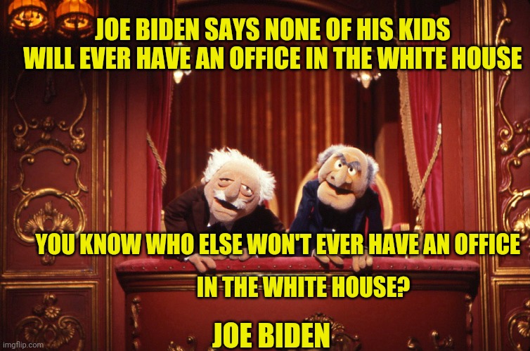 TMS-Statler&Waldorf-BalconyBox | JOE BIDEN SAYS NONE OF HIS KIDS WILL EVER HAVE AN OFFICE IN THE WHITE HOUSE; YOU KNOW WHO ELSE WON'T EVER HAVE AN OFFICE; IN THE WHITE HOUSE? JOE BIDEN | image tagged in tms-statler waldorf-balconybox | made w/ Imgflip meme maker