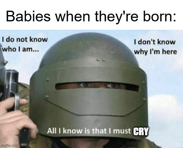 *crying intensifies* |  Babies when they're born:; CRY | image tagged in i don't know who i am i don't know why i'm here why i'm here,babies,crying | made w/ Imgflip meme maker