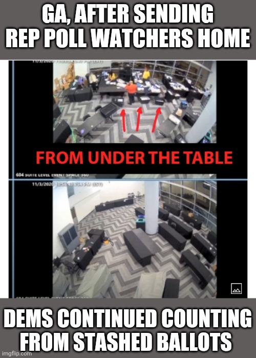 Politics and stuff | GA, AFTER SENDING REP POLL WATCHERS HOME; DEMS CONTINUED COUNTING FROM STASHED BALLOTS | image tagged in funny memes | made w/ Imgflip meme maker