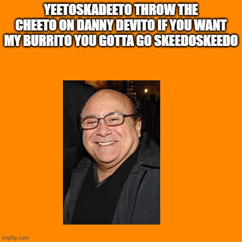 Blank Transparent Square Meme | YEETOSKADEETO THROW THE CHEETO ON DANNY DEVITO IF YOU WANT MY BURRITO YOU GOTTA GO SKEEDOSKEEDO | image tagged in memes,blank transparent square | made w/ Imgflip meme maker