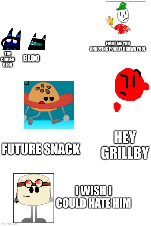 Alwayzbread’s view on some peeps day 1 | FIGHT ME YOU ANNOYING POORLY DRAWN FOOL; THE COOLER BLOO; BLOO; HEY GRILLBY; FUTURE SNACK; I WISH I COULD HATE HIM | image tagged in blank white template | made w/ Imgflip meme maker