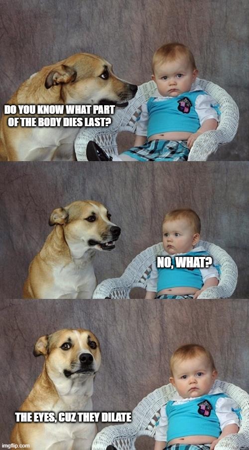 Dad Joke Dog Meme | DO YOU KNOW WHAT PART OF THE BODY DIES LAST? NO, WHAT? THE EYES, CUZ THEY DILATE | image tagged in memes,dad joke dog | made w/ Imgflip meme maker