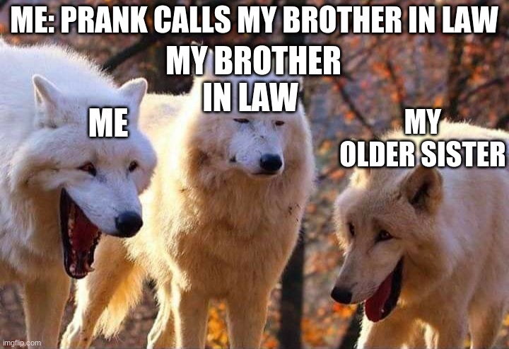 Laughing wolf | ME: PRANK CALLS MY BROTHER IN LAW; MY BROTHER IN LAW; ME; MY OLDER SISTER | image tagged in laughing wolf | made w/ Imgflip meme maker