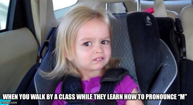 wtf girl | WHEN YOU WALK BY A CLASS WHILE THEY LEARN HOW TO PRONOUNCE “M” | image tagged in wtf girl | made w/ Imgflip meme maker