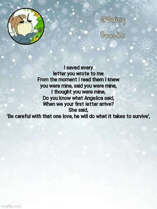 The perfect vent song | I saved every letter you wrote to me
From the moment I read them I knew you were mine, said you were mine,
I thought you were mine,
Do you know what Angelica said,
When we your first letter arrive?
She said,
'Be careful with that one love, he will do what it takes to survive', | image tagged in daisy's christmas template | made w/ Imgflip meme maker
