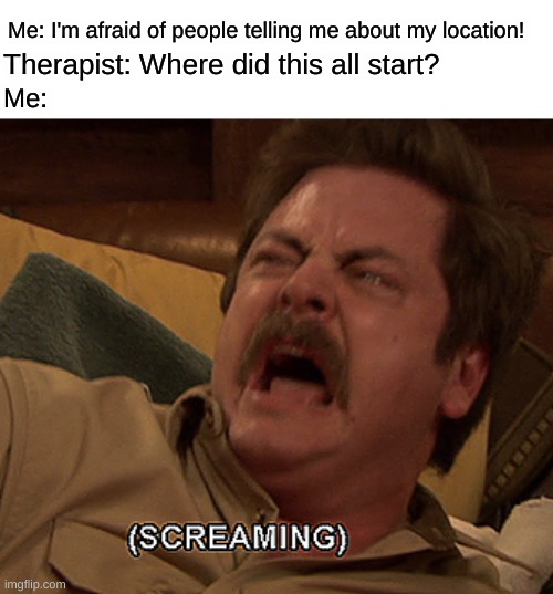 *internal screaming* | Me: I'm afraid of people telling me about my location! Therapist: Where did this all start? Me: | image tagged in ron swanson screaming,location | made w/ Imgflip meme maker
