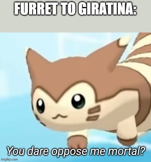 Furret you dare oppose me mortal? | FURRET TO GIRATINA: | image tagged in furret you dare oppose me mortal | made w/ Imgflip meme maker