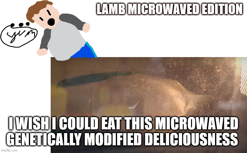 Its healty lamb | LAMB MICROWAVED EDITION; I WISH I COULD EAT THIS MICROWAVED GENETICALLY MODIFIED DELICIOUSNESS | image tagged in yummy | made w/ Imgflip meme maker