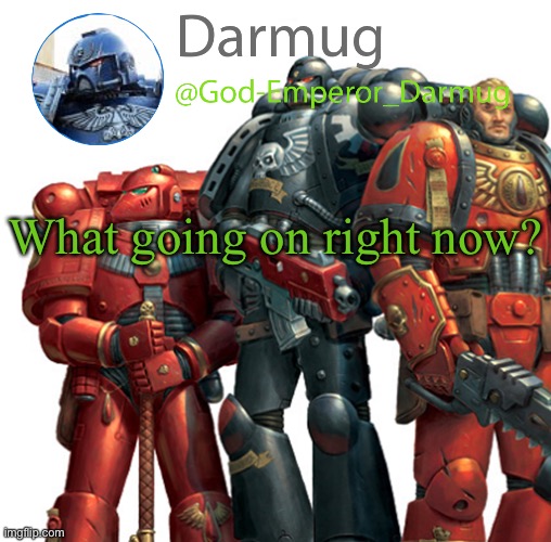 Darmug announcement | What going on right now? | image tagged in darmug announcement | made w/ Imgflip meme maker